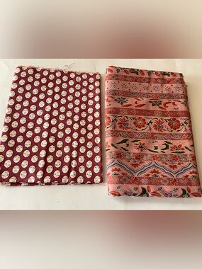 Cotton Quilting Sewing Fabric Lot 2 Pink Floral Stripe & Burgundy Floral